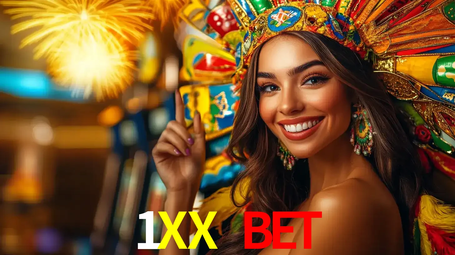 Mulher sorridente com um cocar de carnaval vibrante e colorido, celebrando uma grande vitória nos jogos do cassino 1XX BET com fogos de artifício ao fundo.