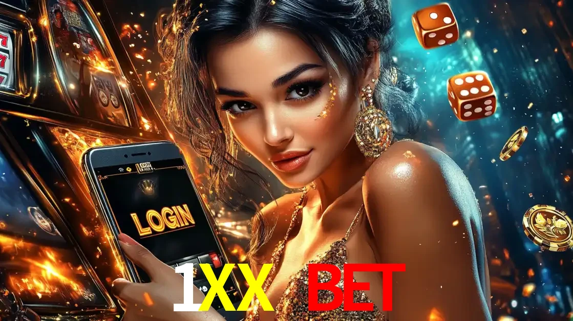 Mulher glamourosa segurando um celular com a tela de login do cassino 1XX BET, rodeada por dados e moedas douradas, pronta para começar a diversão.