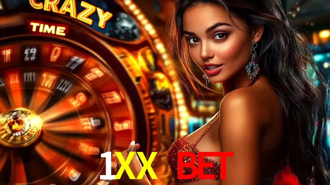 Mulher ao lado da roda de prêmios do jogo de cassino ao vivo Crazy Time, um dos shows de jogos mais emocionantes oferecidos pela plataforma de apostas 1XX BET.