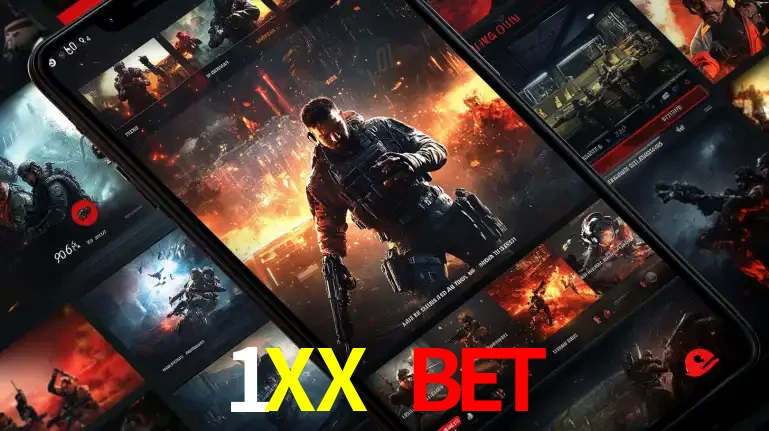 Tela de um celular exibindo uma galeria de jogos de tiro com temática militar, mostrando a variedade de e-sports disponíveis para apostas na plataforma de entretenimento 1XX BET.