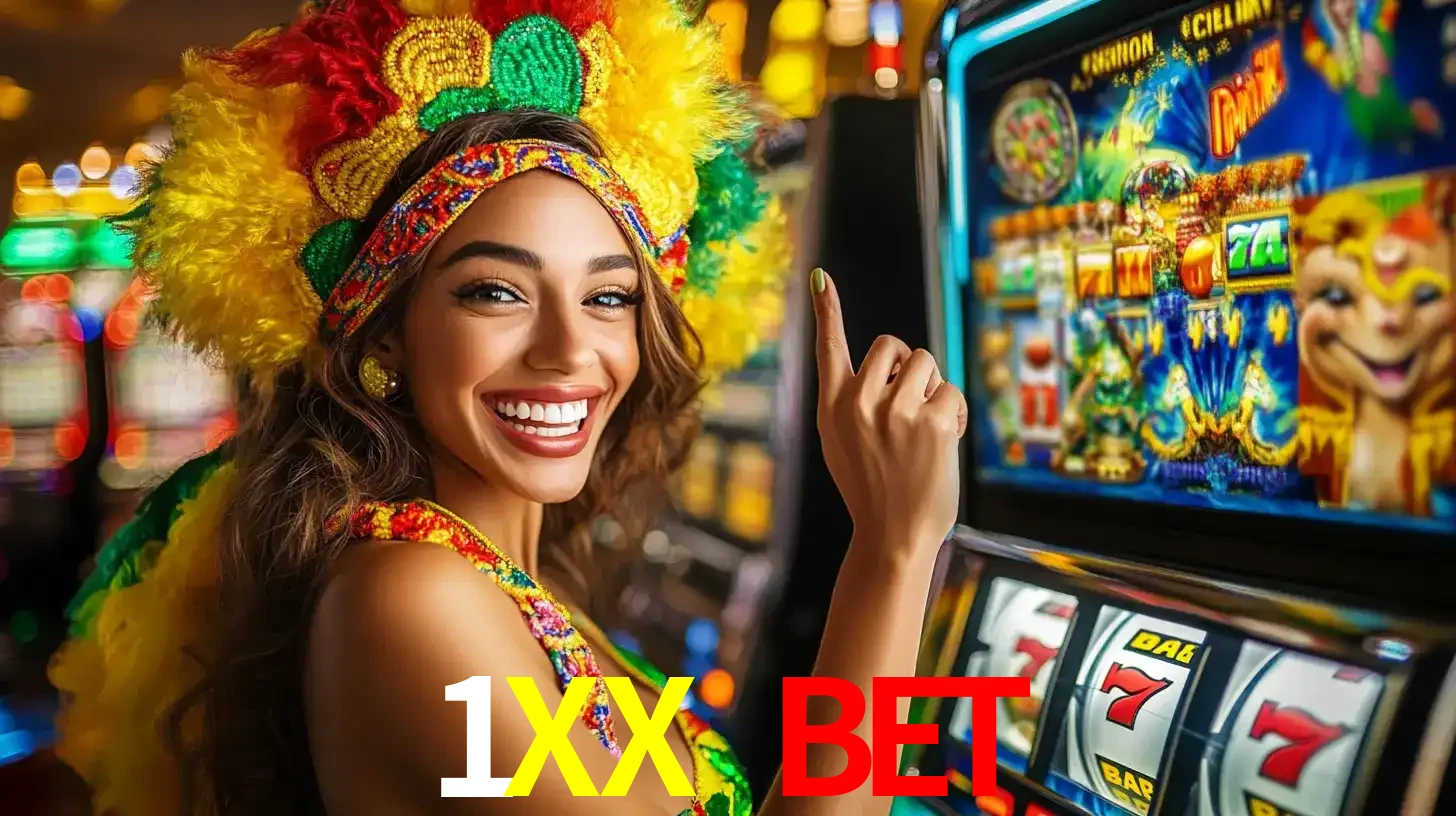 Mulher animada com um cocar de carnaval apontando para uma máquina de caça-níqueis, mostrando a emoção de ganhar um grande prêmio nos jogos do 1XX BET.