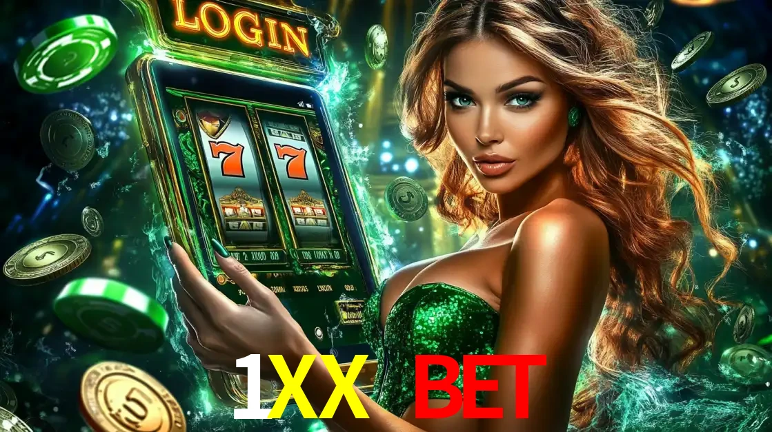 Mulher com tema verde apresentando o aplicativo do cassino 1XX BET com um jogo de slot de 777, cercada por fichas de cassino e uma aura de sorte.