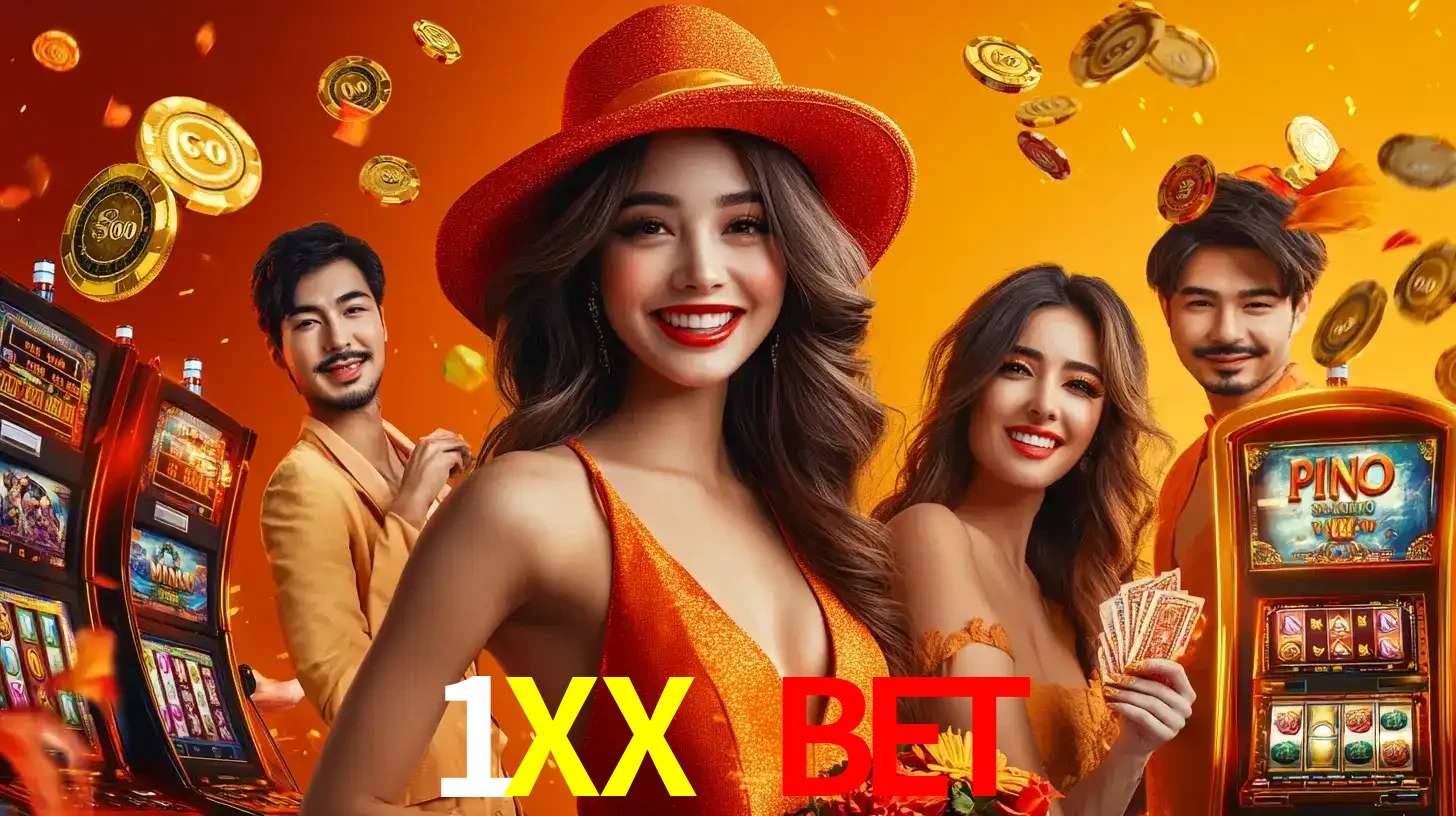 Grupo de amigos asiáticos sorrindo e se divertindo com máquinas de caça-níqueis em um ambiente festivo, celebrando suas vitórias nos jogos de cassino do 1XX BET.