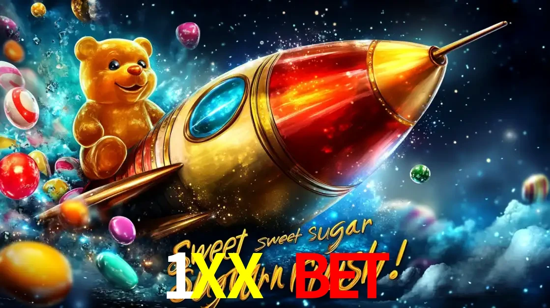 Arte promocional do jogo de slot Sugar Rush, com um urso de pelúcia em um foguete viajando pelo espaço de doces, um dos jogos divertidos disponíveis no cassino 1XX BET.