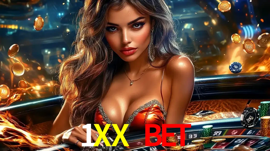 Mulher glamourosa em uma mesa de roleta com um fundo de chamas e moedas voadoras, pronta para fazer sua aposta e ganhar grandes prêmios no cassino ao vivo 1XX BET.