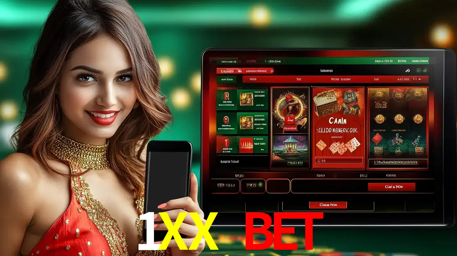 Mulher sorridente segurando um smartphone, ao lado de uma tela exibindo o lobby de jogos do cassino online 1XX BET, com várias opções de jogos de cartas e slots.